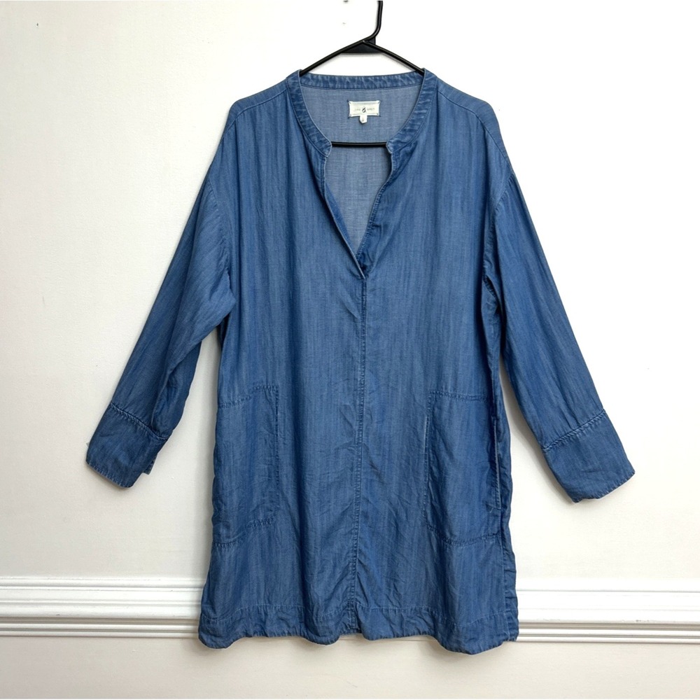 Lou & Grey Tunic Top Dress Women's Sz L Chambray Blue V-Neck Long Sleeve Pockets
